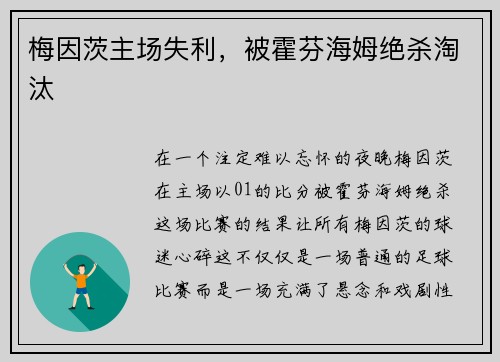 梅因茨主场失利，被霍芬海姆绝杀淘汰